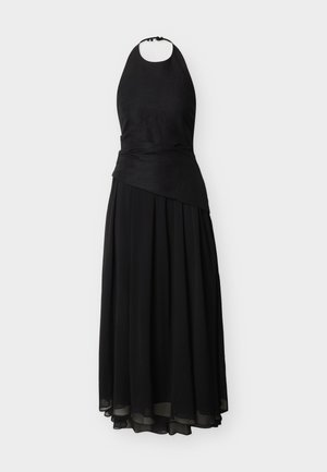Robe de soirée noire à col halter avec détail superposé et asymétrique à la taille et jupe plissée fluide.