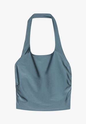 Halter neck topp i en dempet blåfarge, laget av glatt, blankt stoff med sideinnsamling detaljer, og en firkantet utringning.