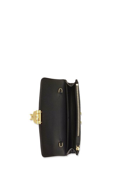 Black leather wallet with gold hardware, features a clasp closure, zippered pocket, and multiple compartments for organization.