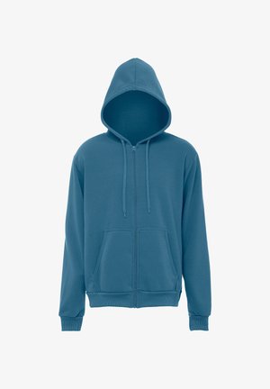 Teal zip-up hoodie met een grote capuchon, voorzakken en geribbelde manchetten. Gemaakt van zachte, duurzame stof met een gladde textuur.