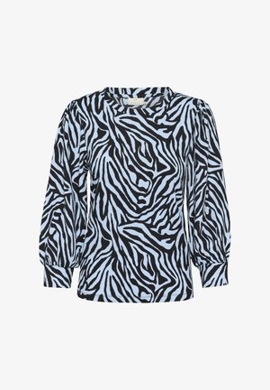 Mustan ja helesinise zebra mustriga pikakäiselise pluusi. Pehme kangas, ümar kaelus ja kokku kogutud puhvvarrukad. Mugav lõige.