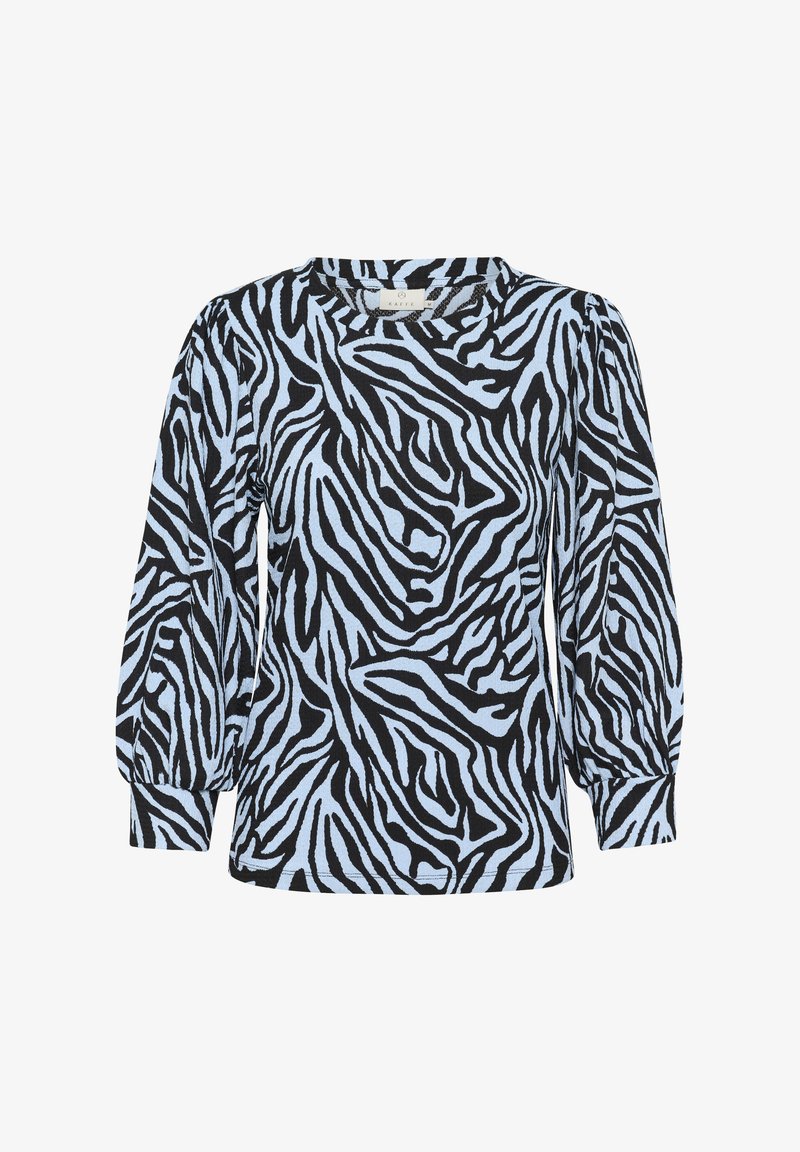 Bluză cu mâneci lungi, în culuarea neagră și albastru deschis cu model zebra. Material moale, cu decolteu rotund și mâneci bufante strânse. Croială lejeră.