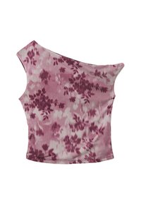 Rosa Blumendruck-Oberteil mit Off-Shoulder-Design, geripptem Stoff und kurzen Ärmeln. Weiches Material mit verschiedenen Rosa- und Bordeauxtönen.