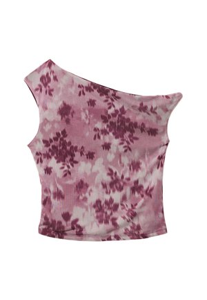 Roze bloemenprint top met een off-shoulder ontwerp, geribbelde textuur en korte mouwen. Zacht materiaal met verschillende tinten roze en bordeauxrood.