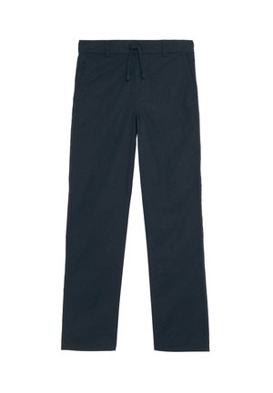 Marineblaue Hose mit geradem Bein, Kordelzugbund und Gürtelschlaufen, mit seitlichen und hinteren Taschen.