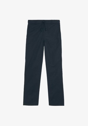 Marineblaue Hose mit geradem Bein, Kordelzugbund und Gürtelschlaufen, mit seitlichen und hinteren Taschen.