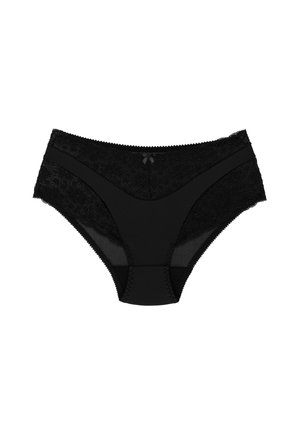 Sorte blonde og mesh dametrusser, med blomsterblondekant, høj talje-design og syningsdetaljer. Blød tekstur og ugennemsigtig krop.