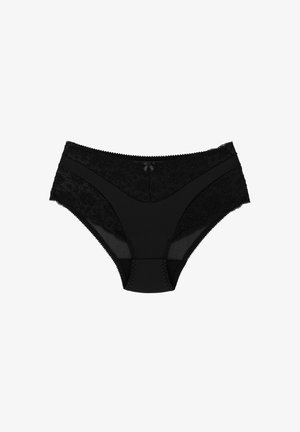 Zwarte kanten en gaas damesonderbroek, met bloemenkantafwerking, een hoge taille ontwerp en stikseldetails. Zachte textuur en ondoorzichtig lichaam.