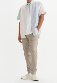 Kortärmad skjorta med knappar i beige, blå och gröna ränder; matchad med beiga byxor och vita sneakers. Minimalistisk design och passform.