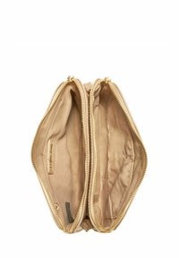 Beżowy skórzany portfel z dwoma przegródkami, złotymi zamkami błyskawicznymi i gładką fakturą. Wnętrze zawiera kieszonkę na karty lub dowód tożsamości.