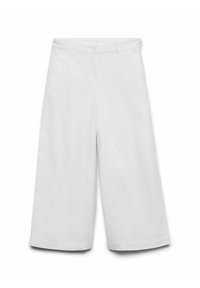 Pantalones blancos de pierna ancha hechos de algodón. Presentan un cierre con botón y cremallera, dos bolsillos delanteros y una textura suave.