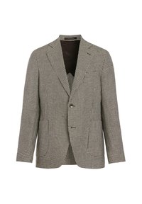 Marynarka na jedno zapięcie w czarno-biały wzór pepitki, z klapami z wycięciem i dwoma guzikami, prezentowana na białym tle.