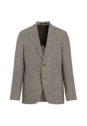 Einreihiges Sakko mit schwarz-weißem Hahnentrittmuster, abgestutztem Revers und Zweiknopfverschluss, auf weißem Hintergrund dargestellt.