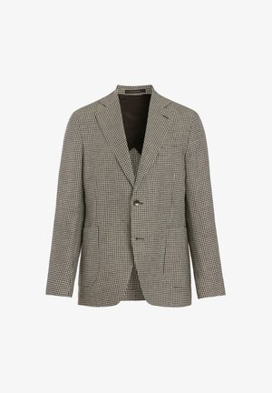 Enkeltbrystet blazer med sort-hvid hundetandsmønster, skarpt revers og lukning med to knapper, vist på en hvid baggrund.