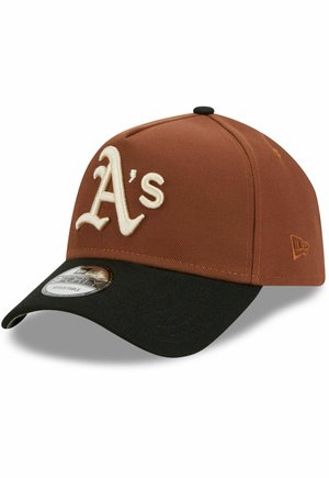 Brown and black baseball cap with a curved brim, featuring an embroidered "A's" logo in cream. Made of textured fabric with an adjustable back.
