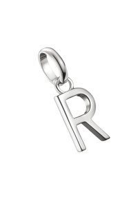 Pendente in argento a forma di lettera "R" con finitura lucida. Dotato di un'anello arrotondato per il fissaggio a catene o portachiavi. Design elegante e moderno.