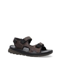 Braune Leder-Sandalen mit zwei verstellbaren Riemen, offenes Zehendesign, strukturierte Oberfläche und gepolsterter Fußbett. Gummiaußensohle für besseren Halt.