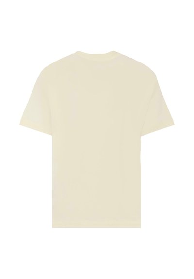 T-shirt a maniche corte, collo rotondo in tessuto crema chiaro. Texture liscia senza motivi o decorazioni visibili. Design classico e semplice.