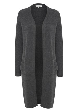 Pikk, avatud esiosaga cardigan tumesinises kudumis ning pikkade varrukatega, küljetaskud ja pehme tekstuur. Minimalistlik disain ilma sulgemiseta.