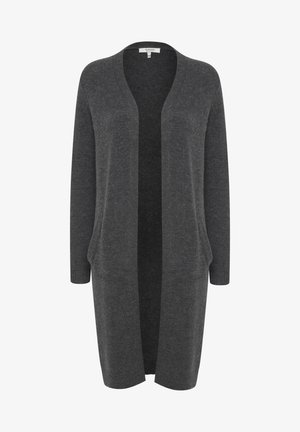 Cardigan largo de punto gris oscuro, de apertura frontal, con mangas largas, bolsillos laterales y una textura suave. Diseño minimalista sin cierres.