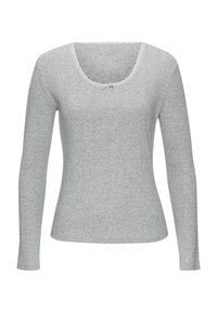 Grauer Langarmoberteil aus geripptem Stoff, mit einem Rundhalsausschnitt mit gewelltem Saum und einer dekorativen Schleife in der Mitte vorne.