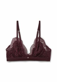 Burgundský krajkový bralette s vlnitými okraji, květinovými vzory, nastavitelnými ramínky a dekorativním perlovým akcentem uprostřed.