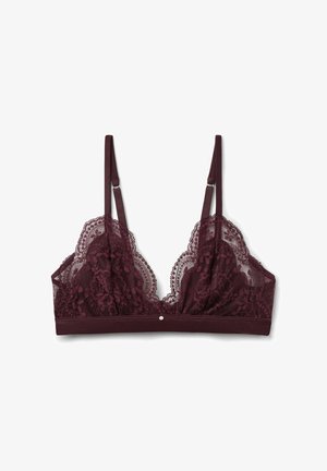 Brassière en dentelle bordeaux avec des bords festonnés, des motifs floraux, des bretelles ajustables et un accent décoratif en perle au centre.