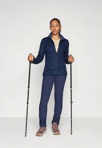 Granatowa bluza polarowa z wysokim kołnierzem, zapinana na zamek, wykonana ze średniej grubości materiału; zestawiona z granatowymi spodniami i brązowymi butami turystycznymi, trzymająca kijki trekkingowe.