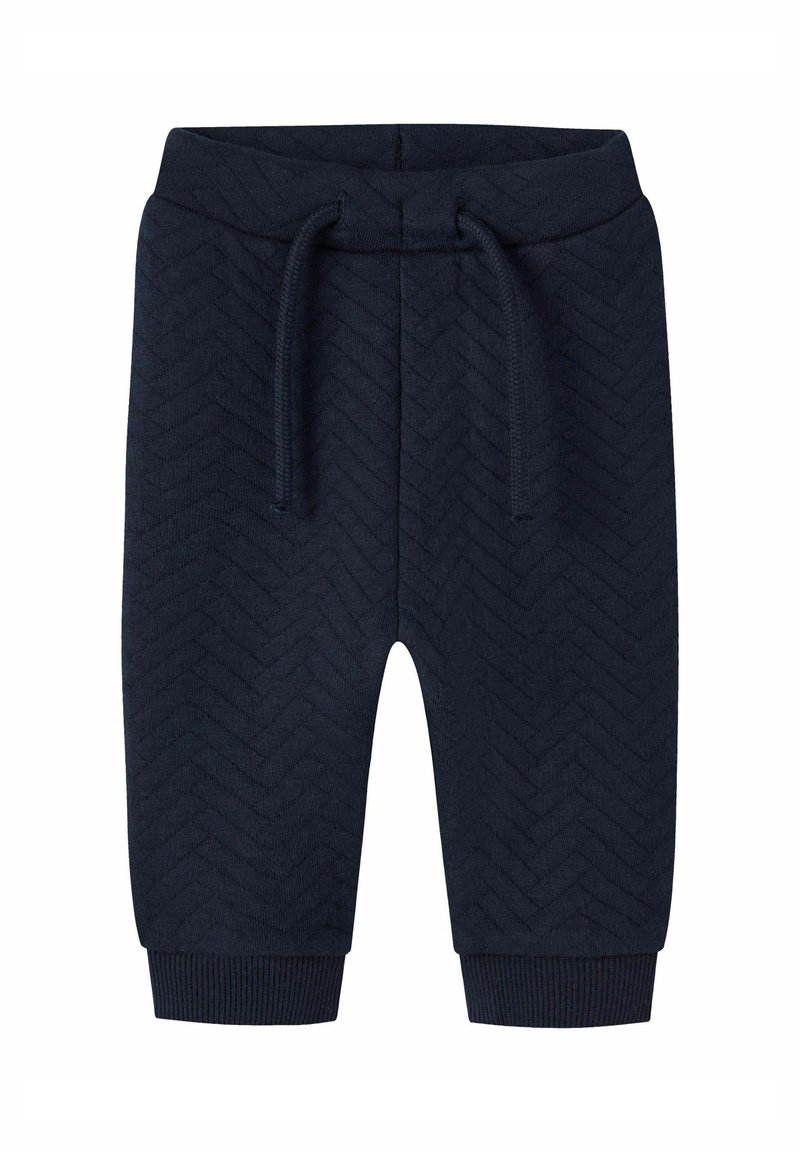 Navyblauwe shorts met een visgraatpatroon, gemaakt van gestructureerde stof. Voorzien van een elastische tailleband met koorden en ribgebreide boorden.