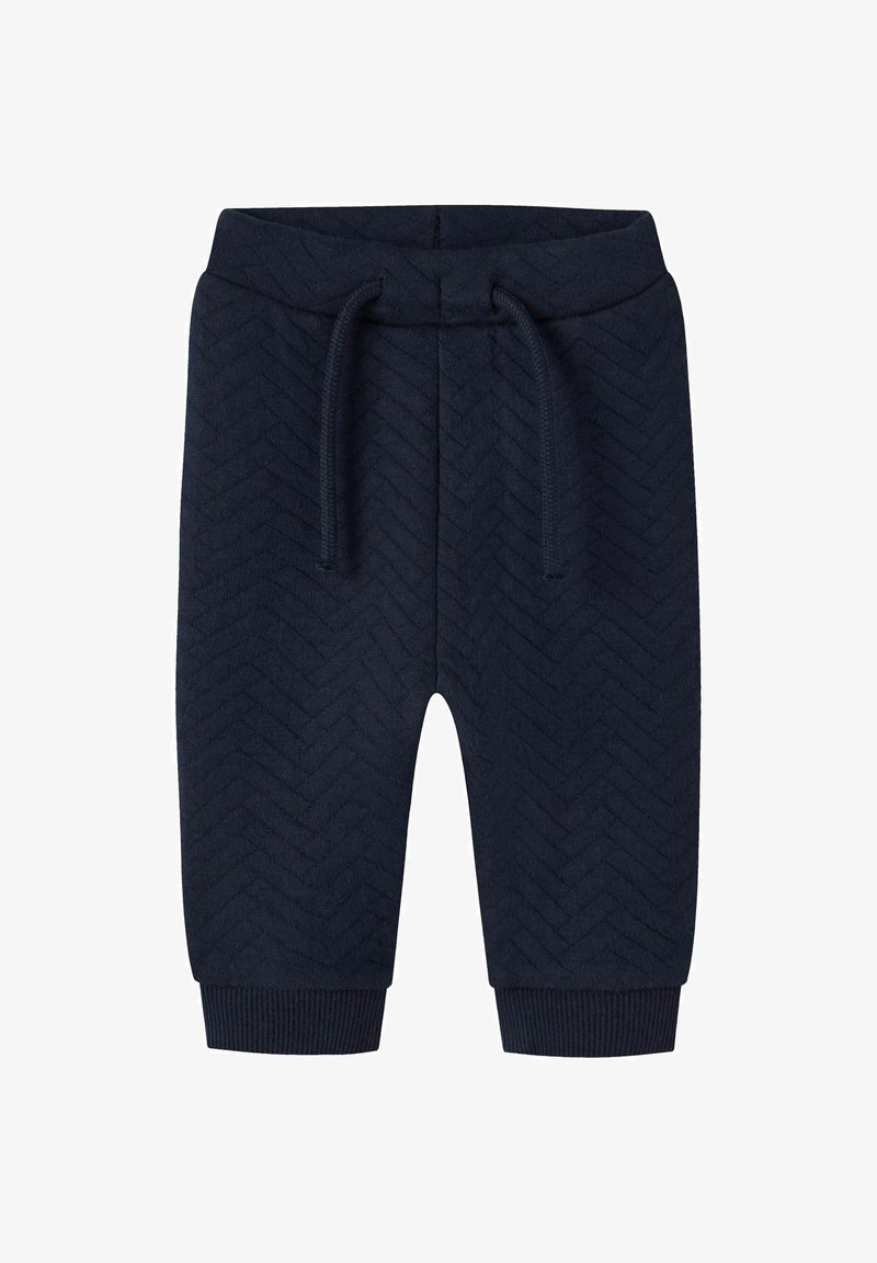 Navyblauwe shorts met een visgraatpatroon, gemaakt van gestructureerde stof. Voorzien van een elastische tailleband met koorden en ribgebreide boorden.