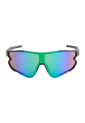 Sports sunglasses with a black frame and large, angular, mirrored green-to-blue gradient lenses.