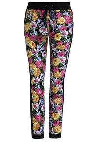 Bloemmotieven joggers met een zwarte achtergrond, gekenmerkt door levendige roze, gele en witte bloemen. Elastische tailleband met koord.