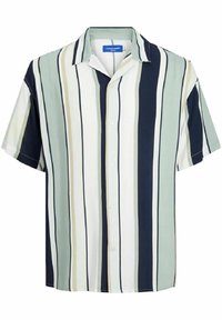 Kurzärmeliges Hemd mit Knopfleiste und vertikalen Streifen in Marineblau, Grün, Beige und Weiß. Ausgestattet mit einem klassischen Kragen und leichtem Stoff.