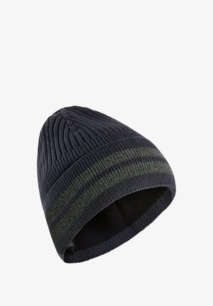 Knitted beanie in dark navy with textured rib pattern, featuring two contrasting green horizontal stripes at the band.