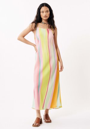Robe maxi multicolore avec des rayures verticales en rose, jaune, vert et bleu sur un tissu léger. Présente des fines bretelles et une silhouette fluide.