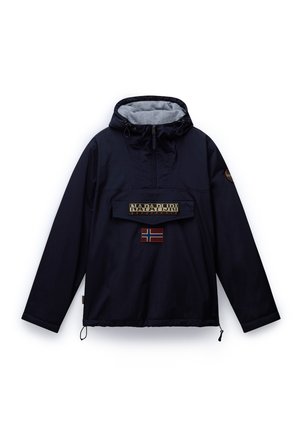 Marinefarbener Windbreaker mit Kapuze, ausgestattet mit einem grauen Fleece-gefütterten Kragen, einer Fronttasche mit Logo und einem kleinen norwegischen Flaggen-Detail.