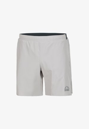 Pantalones cortos de color gris claro hechos de tejido de secado rápido, con una cinturilla elástica, bolsillos laterales y un estampado de logo en la parte inferior izquierda.