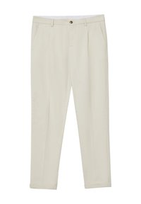 Beige, taillierte Hose mit flachem Vorderteil, zwei seitlichen Taschen und einem einzigen Knopfverschluss, mit einer glatten Textur und schmal zulaufendem Bein.