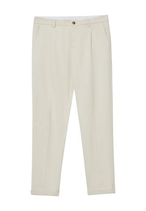 Pantalons beige, ajustés, avec une taille plate, deux poches latérales et une fermeture à un bouton, présentant une texture lisse et une coupe fuselée.