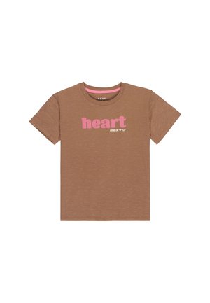 T-shirt marron à manches courtes avec le mot "cœur" en rose, doté d'un col intérieur contrastant et d'une texture douce. Marque Roxy incluse.