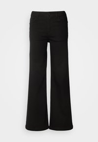 Black wide-leg pants made of denim fabric, featuring front pockets, a button closure, and a smooth texture with a clean finish.