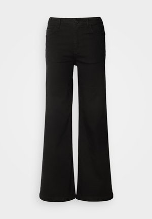 Black wide-leg pants made of denim fabric, featuring front pockets, a button closure, and a smooth texture with a clean finish.