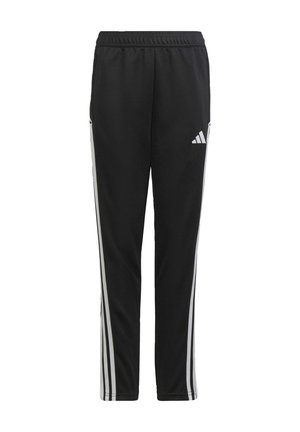 Pantaloni sportivi neri con finitura testurizzata, dotati di strisce laterali bianche e un logo Adidas nella parte superiore della gamba sinistra. Vita elastica.