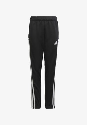 Czarne spodnie sportowe z teksturowanym wykończeniem, z białymi paskami po bokach i logo Adidas na górnej lewej nodze. Elastyczny pas.