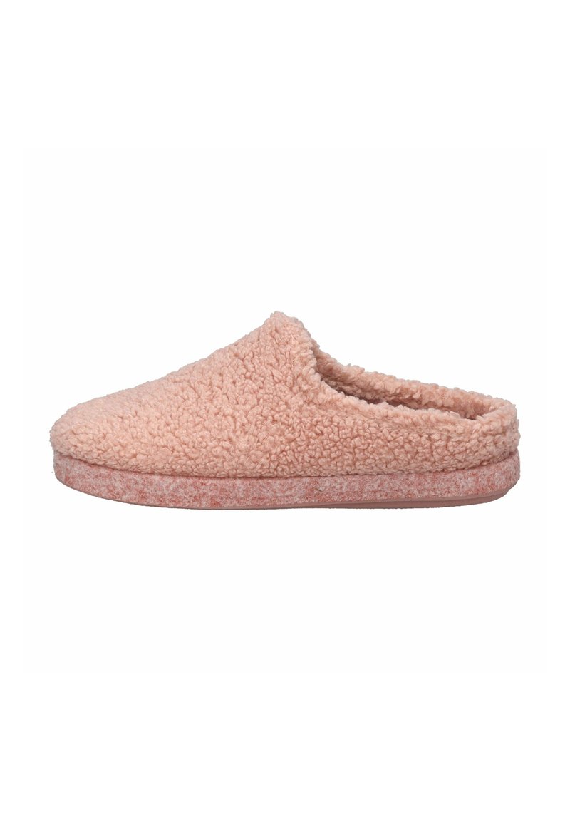 Pantofole in fleece pink con una parte superiore morbida e testurizzata, punta rotonda e suola spessa e imbottita per il comfort. Nessun hardware o motivo visibile.