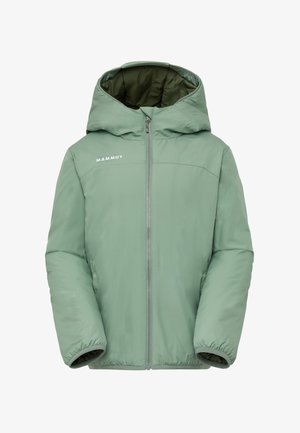 Grüne, gefütterte Kapuzenjacke mit einem Reißverschluss vorne, elastischen Bündchen und einem Logo auf der Brust. Glatte Textur und warmes, isoliertes Design.