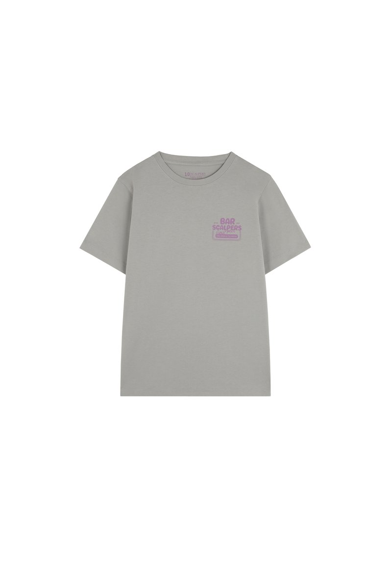 Lichtgrijze T-shirt van katoen, met een ronde hals, korte mouwen en een contrasterende paarse graphic op de linkerkant van de borst.