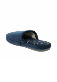 Pantofole in tessuto blu navy con una morbida texture, design senza chiusura e soletta decorata con accenti gialli su uno sfondo scuro.