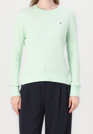 Vrouw draagt lichtgroene kabelgebreide trui met lange mouwen en klein logo op de borst, gecombineerd met losse zwarte broek tegen een effen achtergrond.