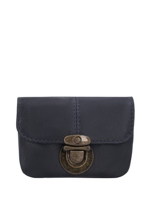 Small dark leather pouch with a flap and a round, vintage-style brass clasp lock at the front center.